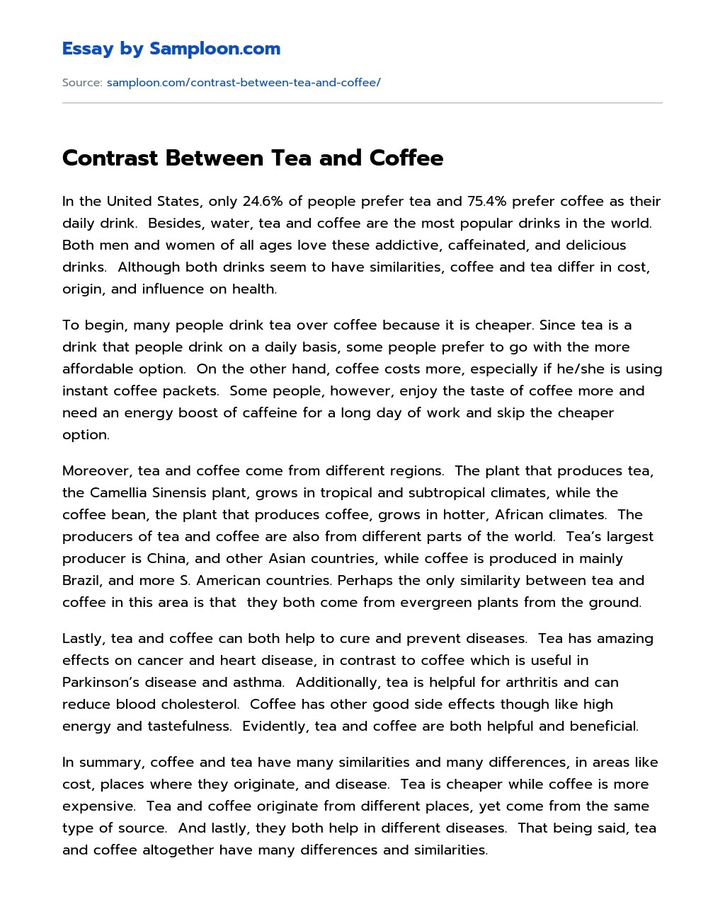 ≫ Contrast Between Tea and Coffee Free Essay Sample on