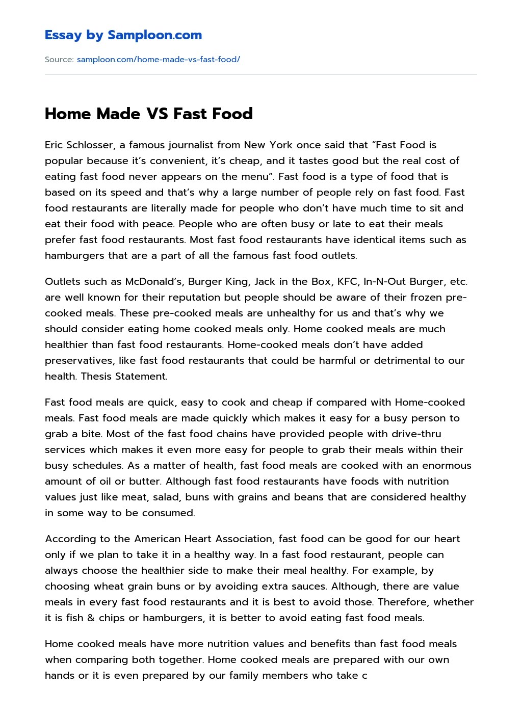 Home Made VS Fast Food Free Essay Sample on