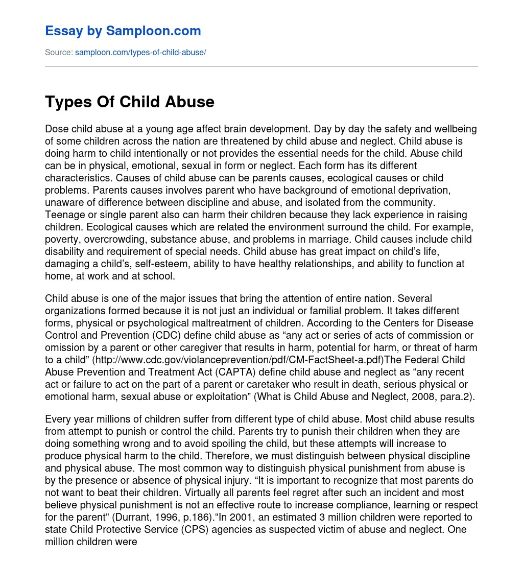 ≫ Types Of Child Abuse Free Essay Sample on