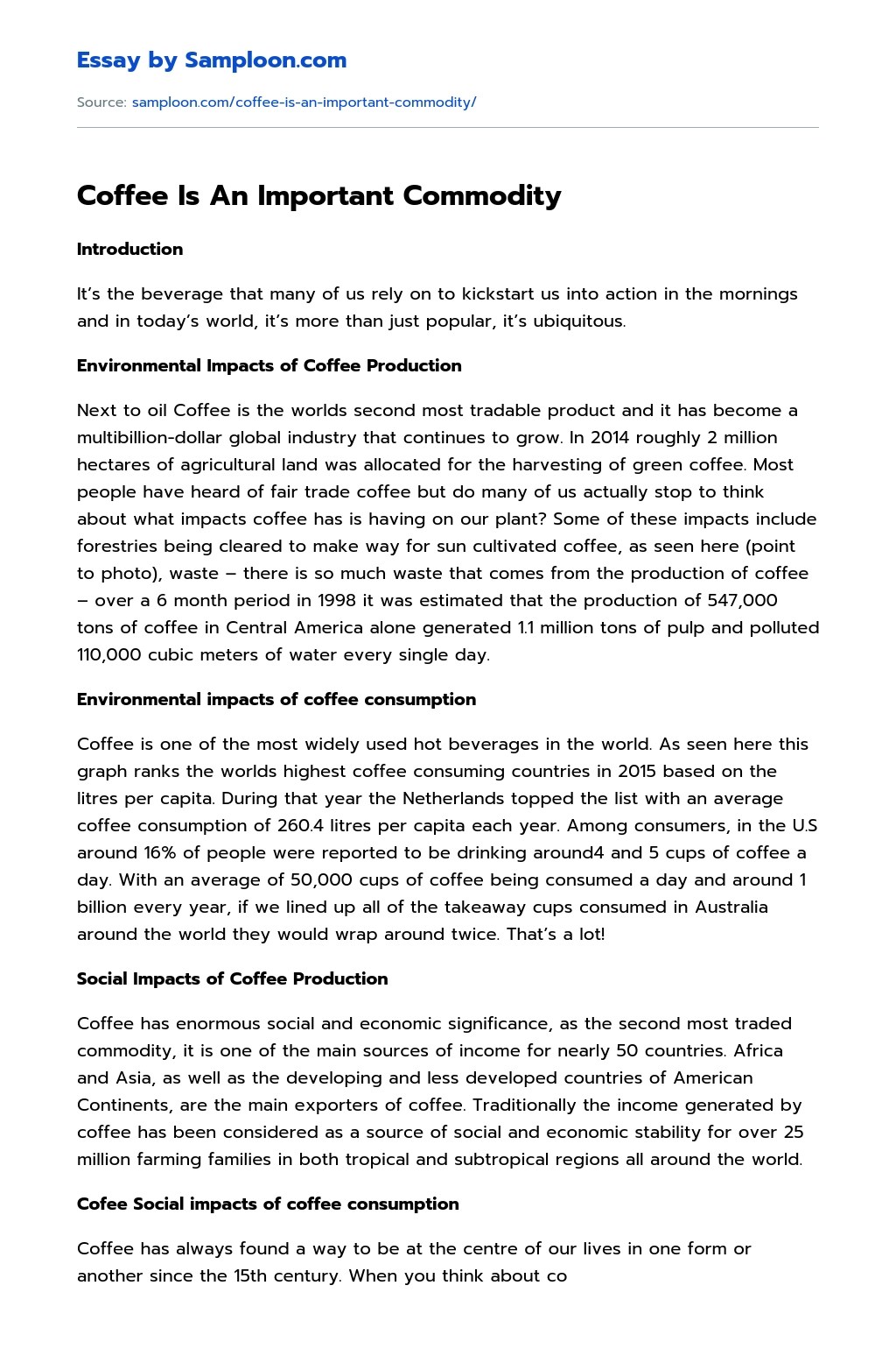 ≫ Coffee Is An Important Commodity Free Essay Sample on