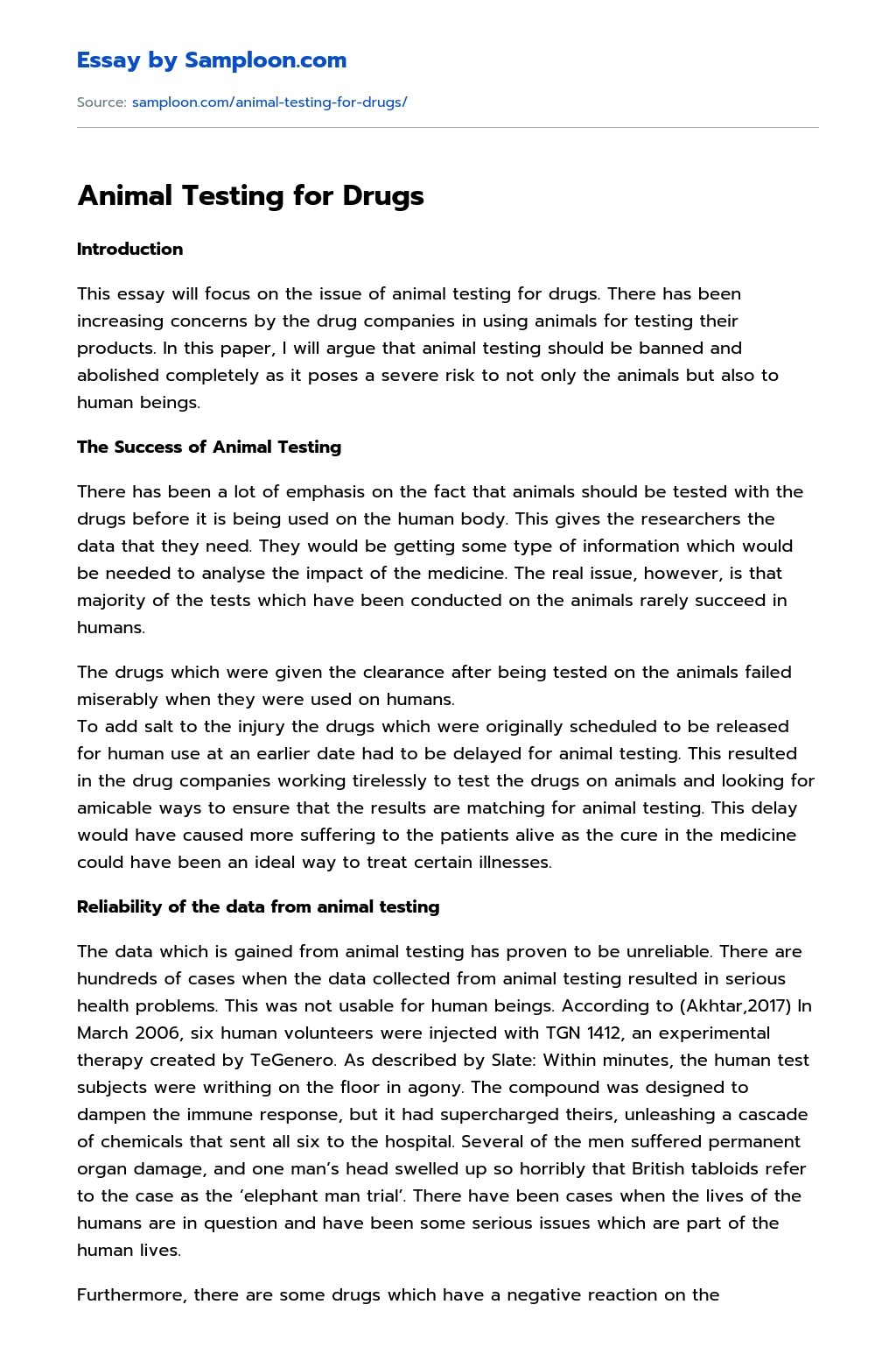 Animal Testing for Drugs Argumentative Essay on