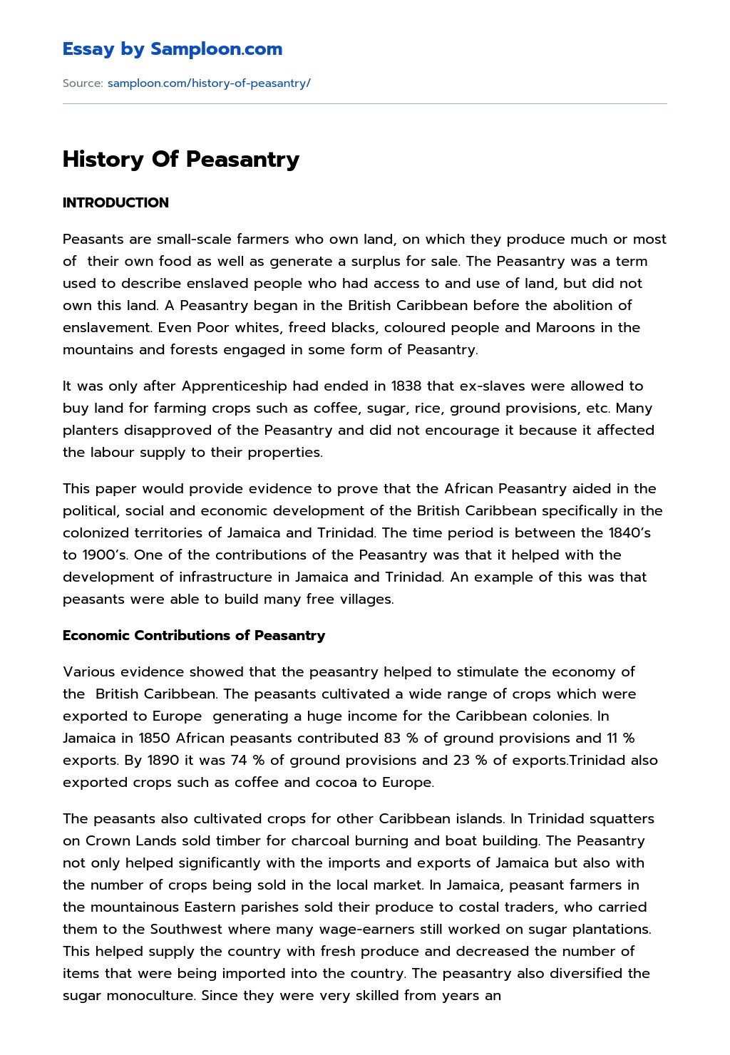 ≫ History Of Peasantry Free Essay Sample on