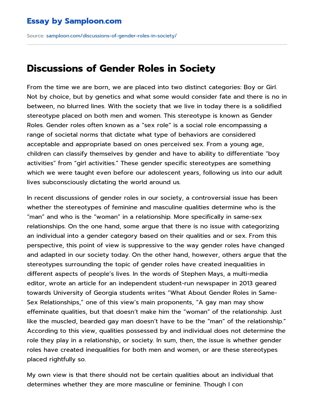 ≫ Discussions of Gender Roles in Society Free Essay Sample on