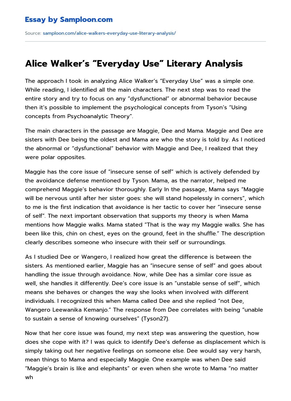 ≫ Alice Walker’s “Everyday Use” Literary Analysis Free Essay Sample on