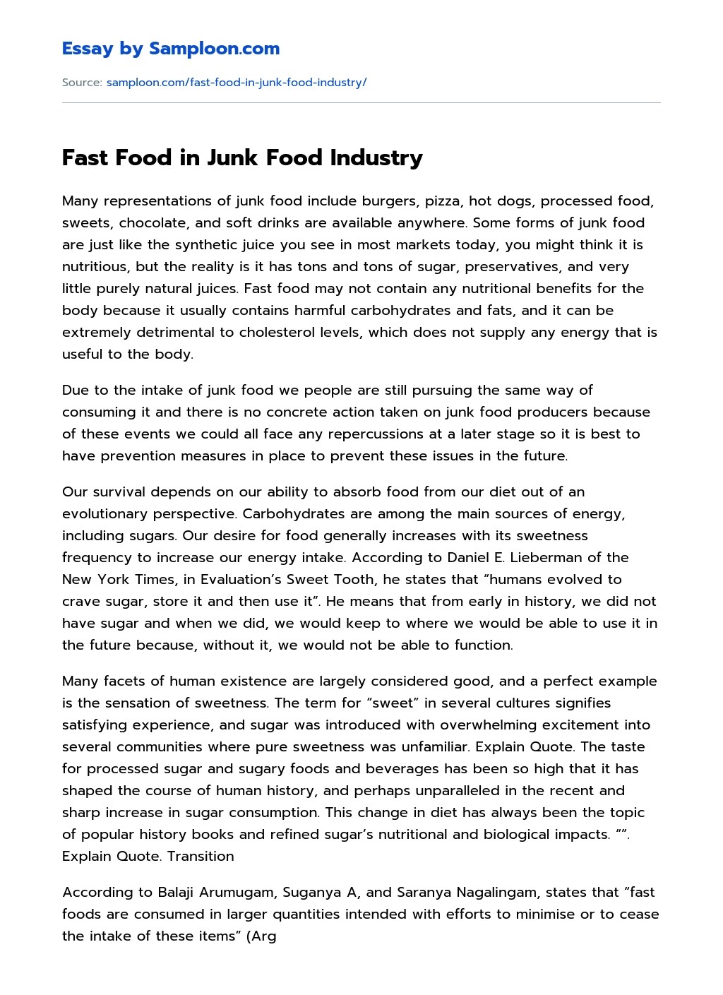 Fast Food in Junk Food Industry Argumentative Essay on
