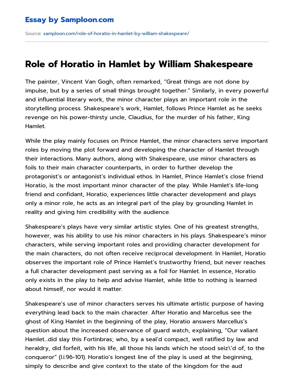 ≫ Role of Horatio in Hamlet by William Shakespeare Free Essay Sample on
