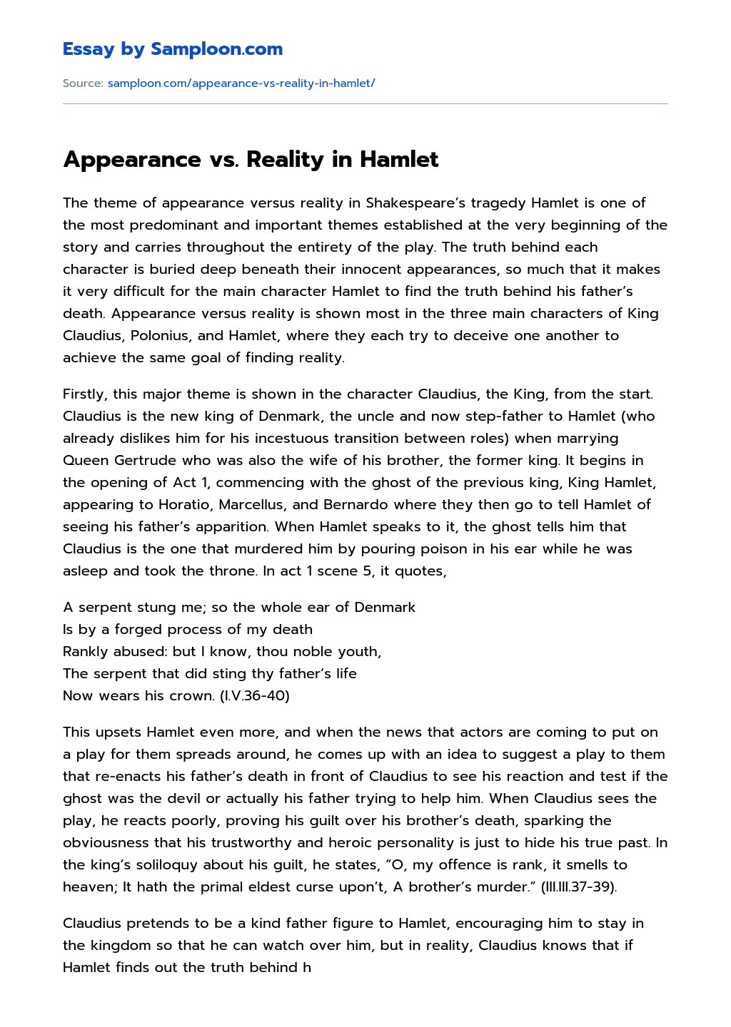 Appearance Vs Reality In Hamlet Free Essay Sample On Samploon Com