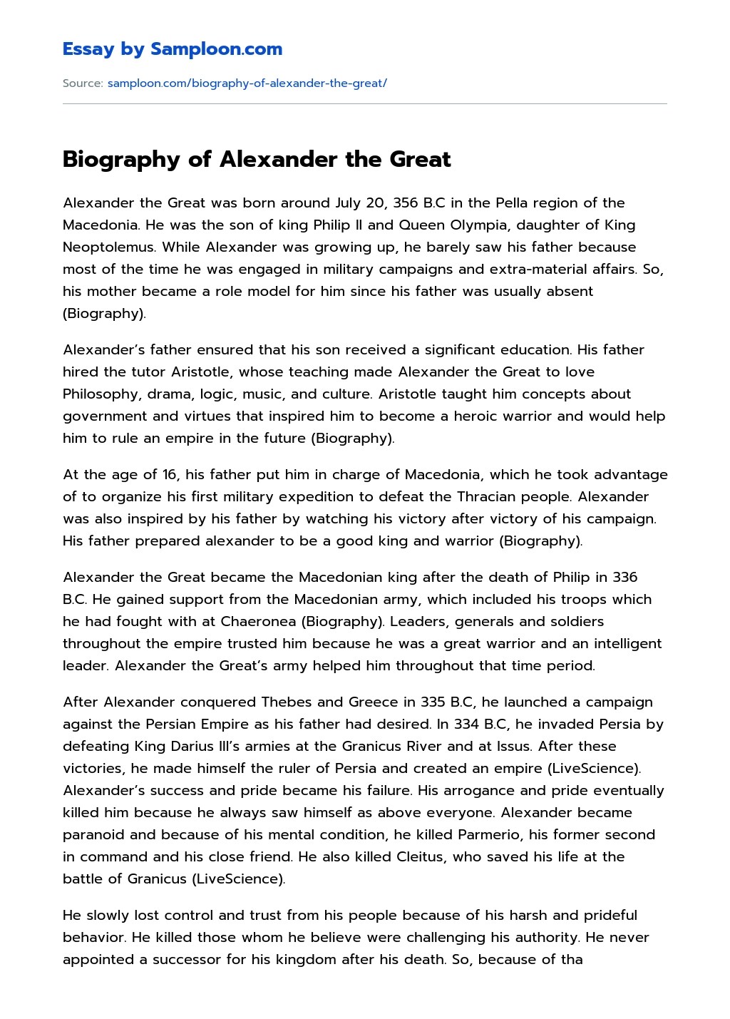 ≫ Biography of Alexander the Great Free Essay Sample on