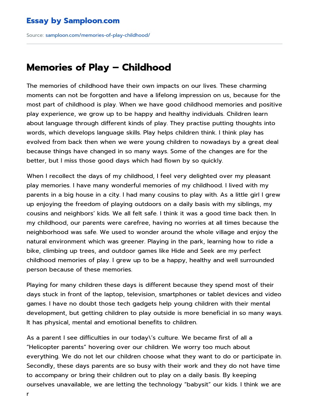 ≫ Memories of Play Childhood Free Essay Sample on