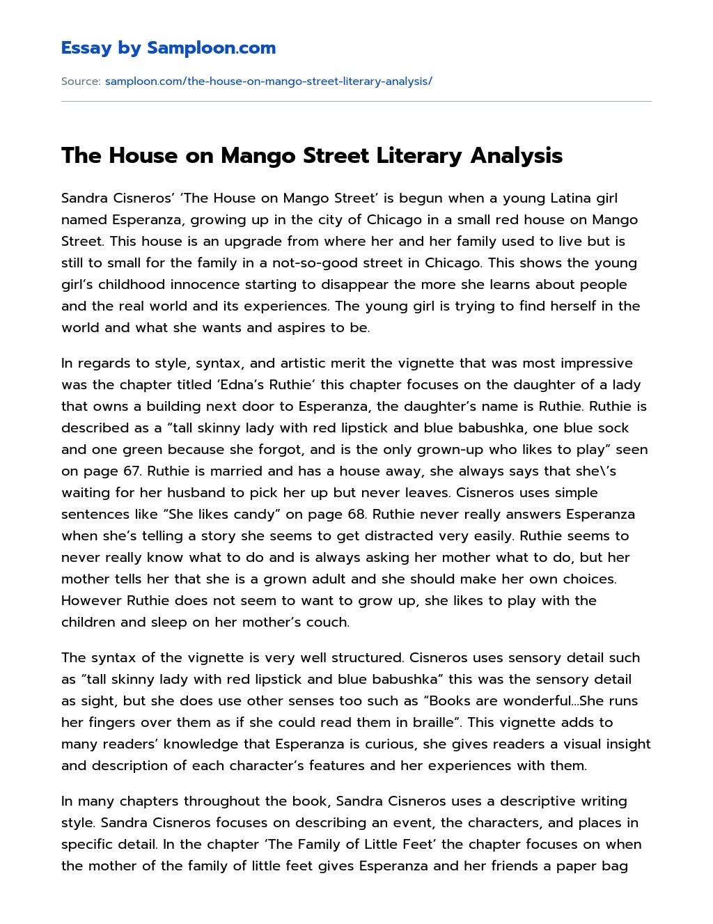 ≫ The House on Mango Street Literary Analysis Free Essay Sample on