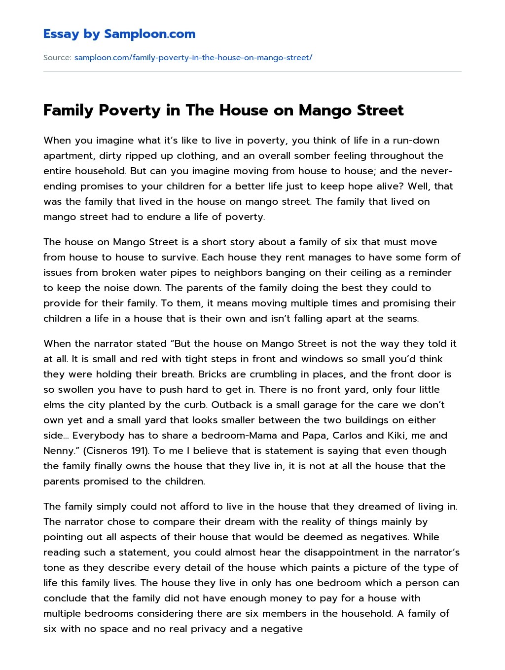 Family Poverty in The House on Mango Street Free Essay Sample on