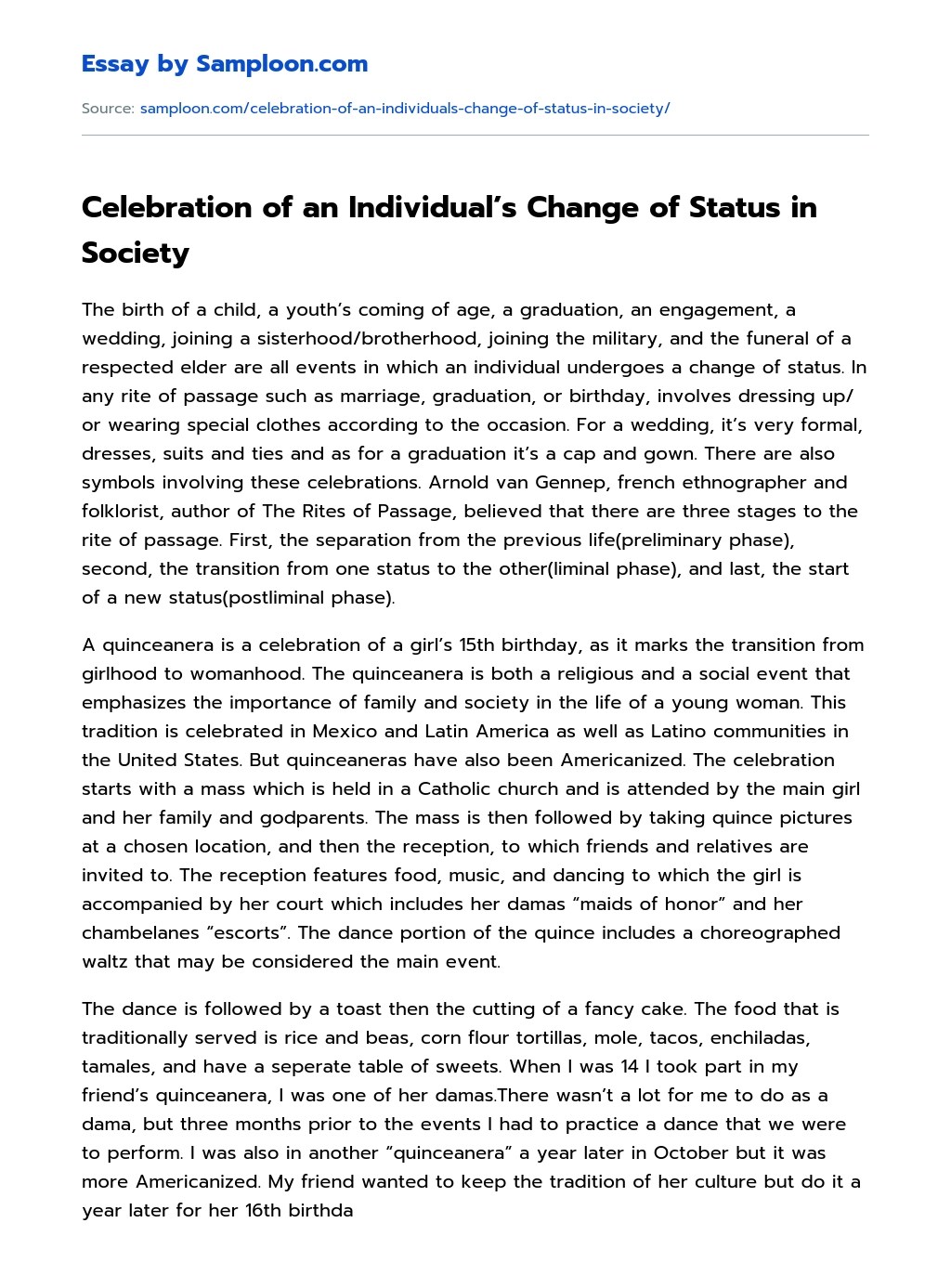 ≫ Celebration of an Individual's Change of Status in Society Free Essay