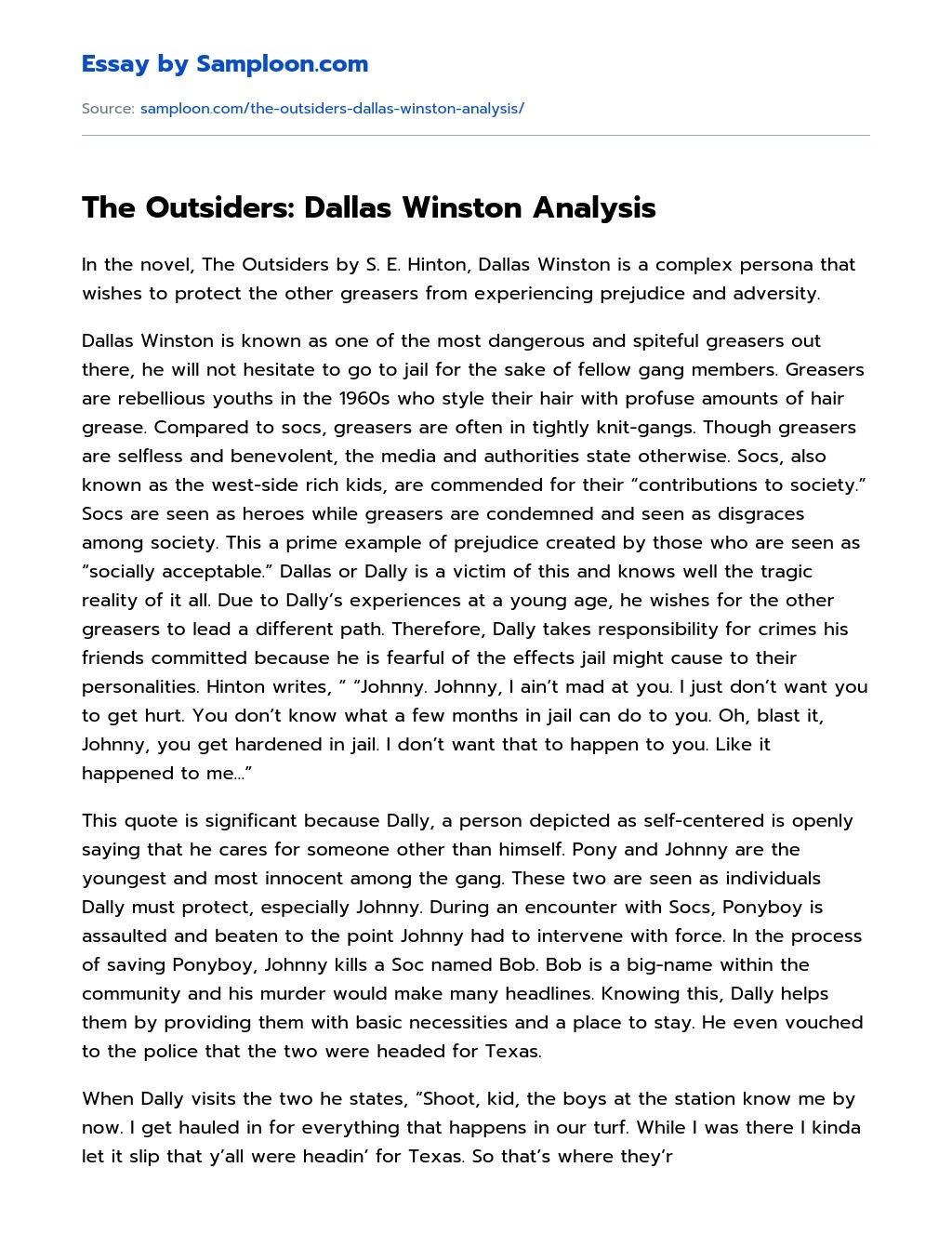 ≫ The Outsiders Dallas Winston Analysis Free Essay Sample on