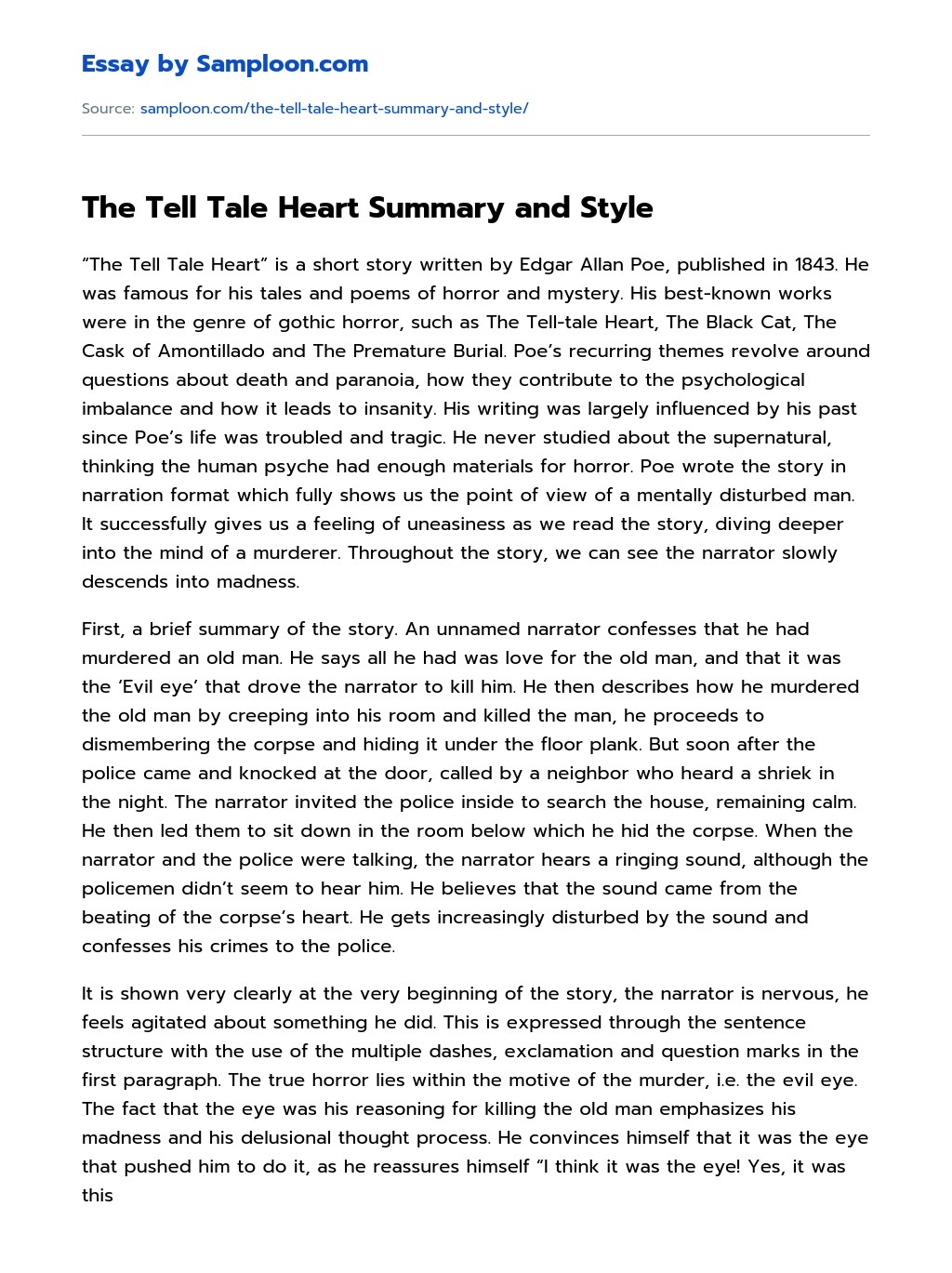 The Tell Tale Heart Summary and Style Argumentative Essay on