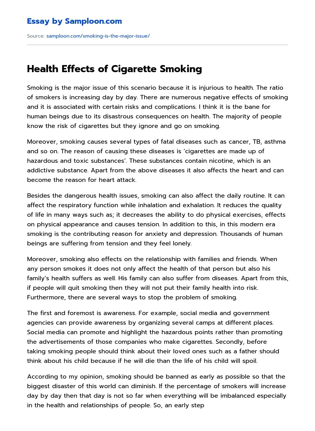 ≫ Health Effects of Cigarette Smoking Free Essay Sample on