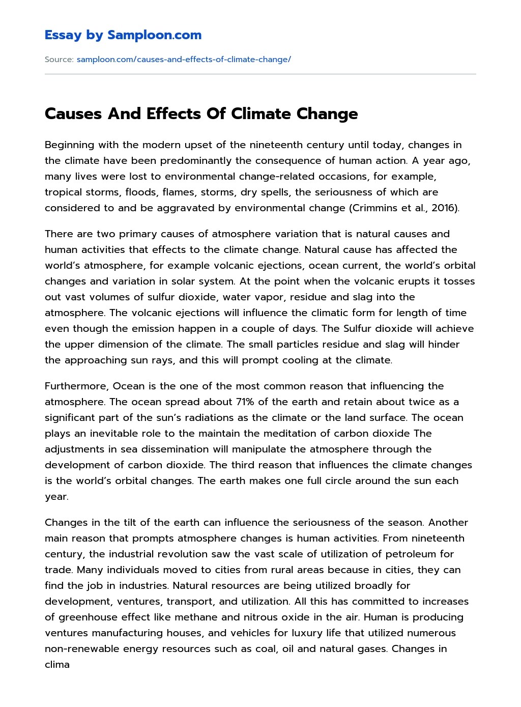 ≫ Causes And Effects Of Climate Change Free Essay Sample on