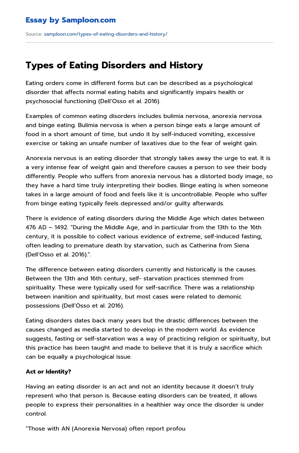 ≫ Types of Eating Disorders and History Free Essay Sample on