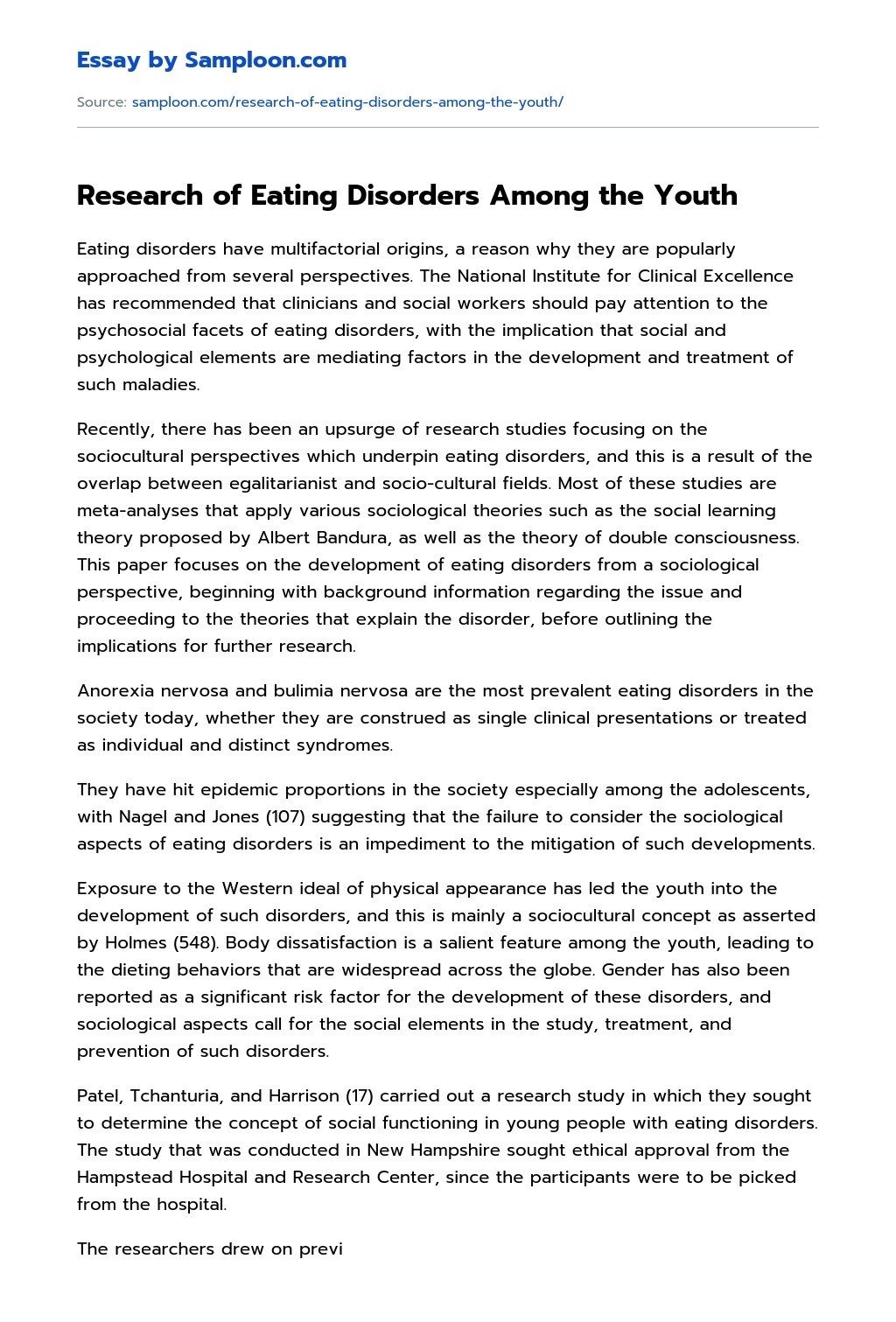 ≫ Research of Eating Disorders Among the Youth Free Essay Sample on
