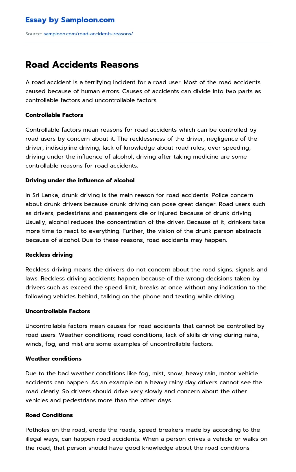 Road Accidents Reasons Reflective Essay on