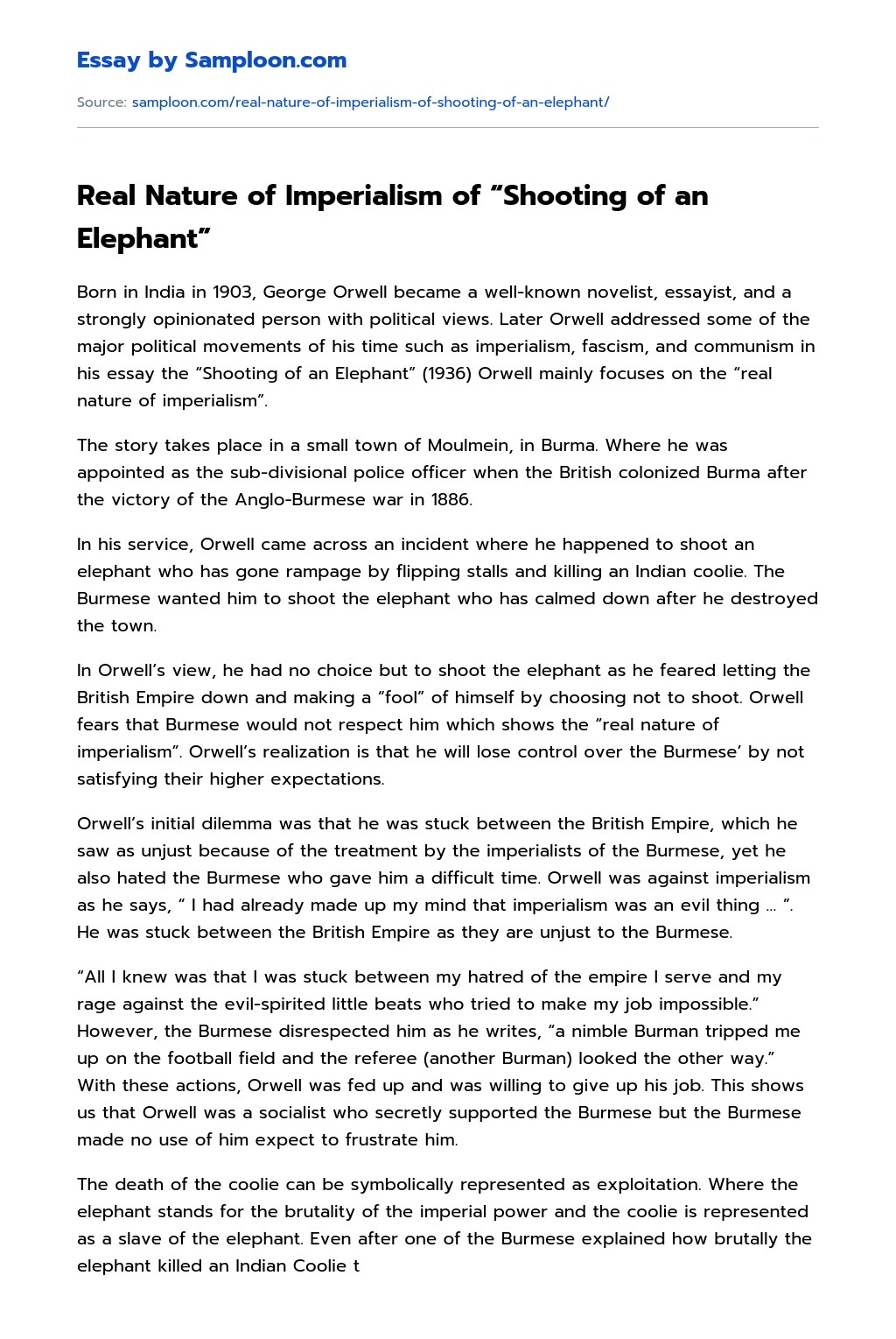 Real Nature of Imperialism of "Shooting of an Elephant" Free Essay