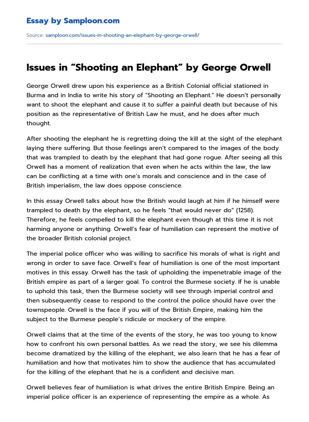Issues in "Shooting an Elephant" by Orwell Free Essay Sample on