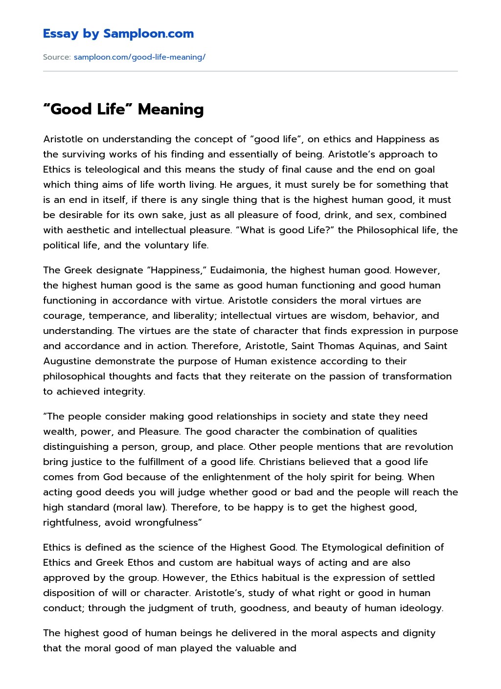 “Good Life” Meaning Argumentative Essay on