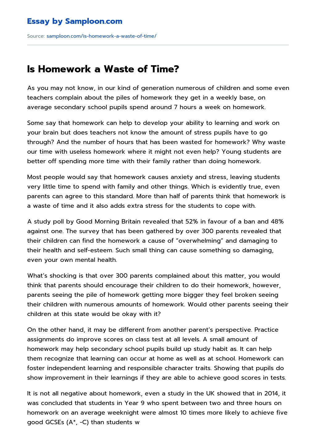 Is Homework a Waste of Time? Argumentative Essay on