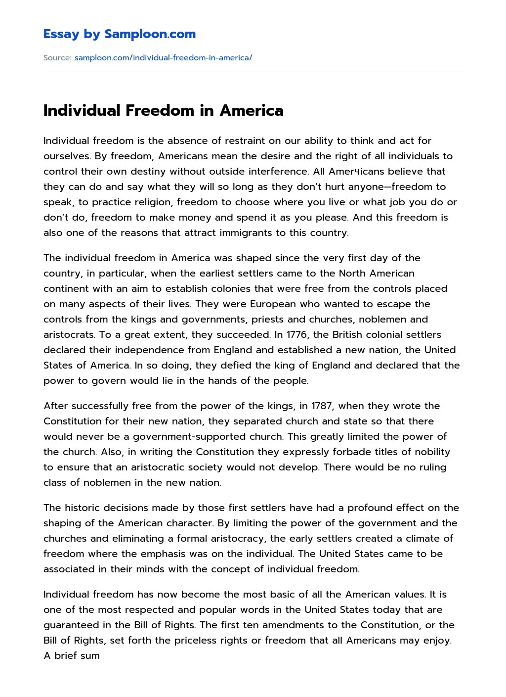 Individual Freedom in America Personal Essay on