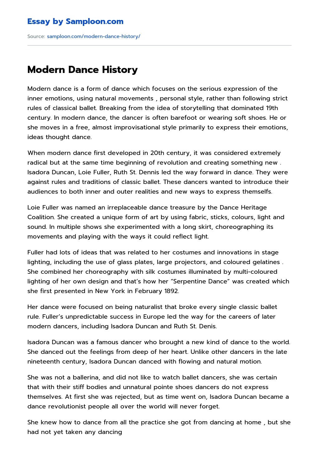 Modern Dance History Personal Essay on
