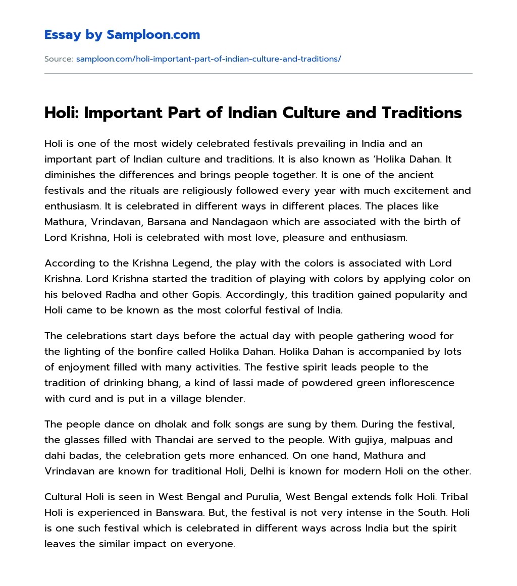 ≫ Holi Important Part of Indian Culture and Traditions Free Essay