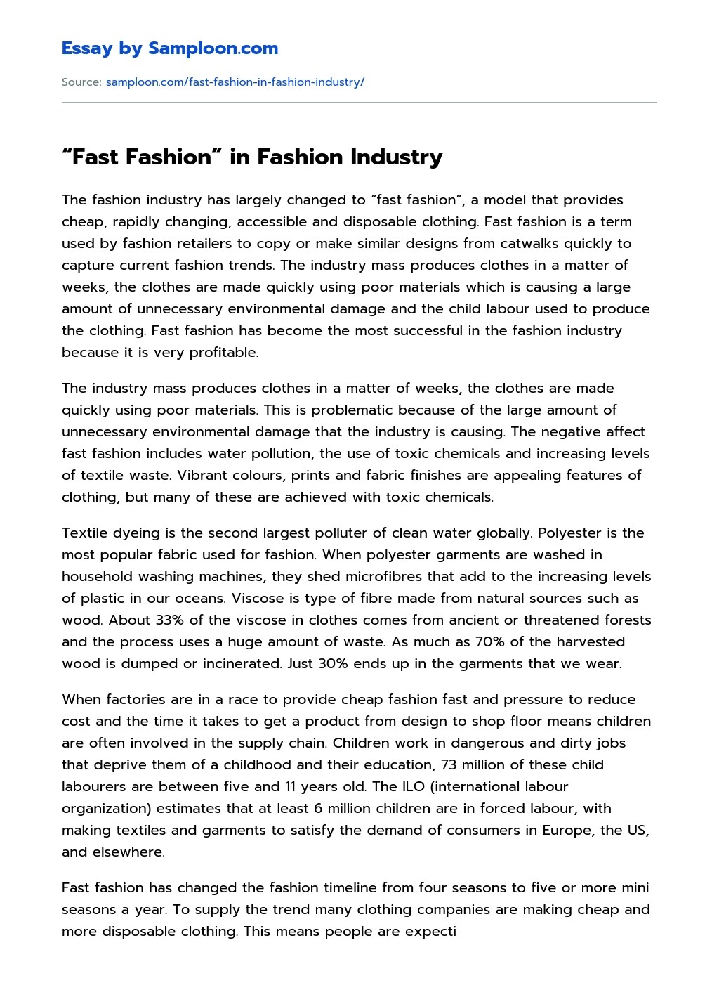 “Fast Fashion” in Fashion Industry Argumentative Essay on