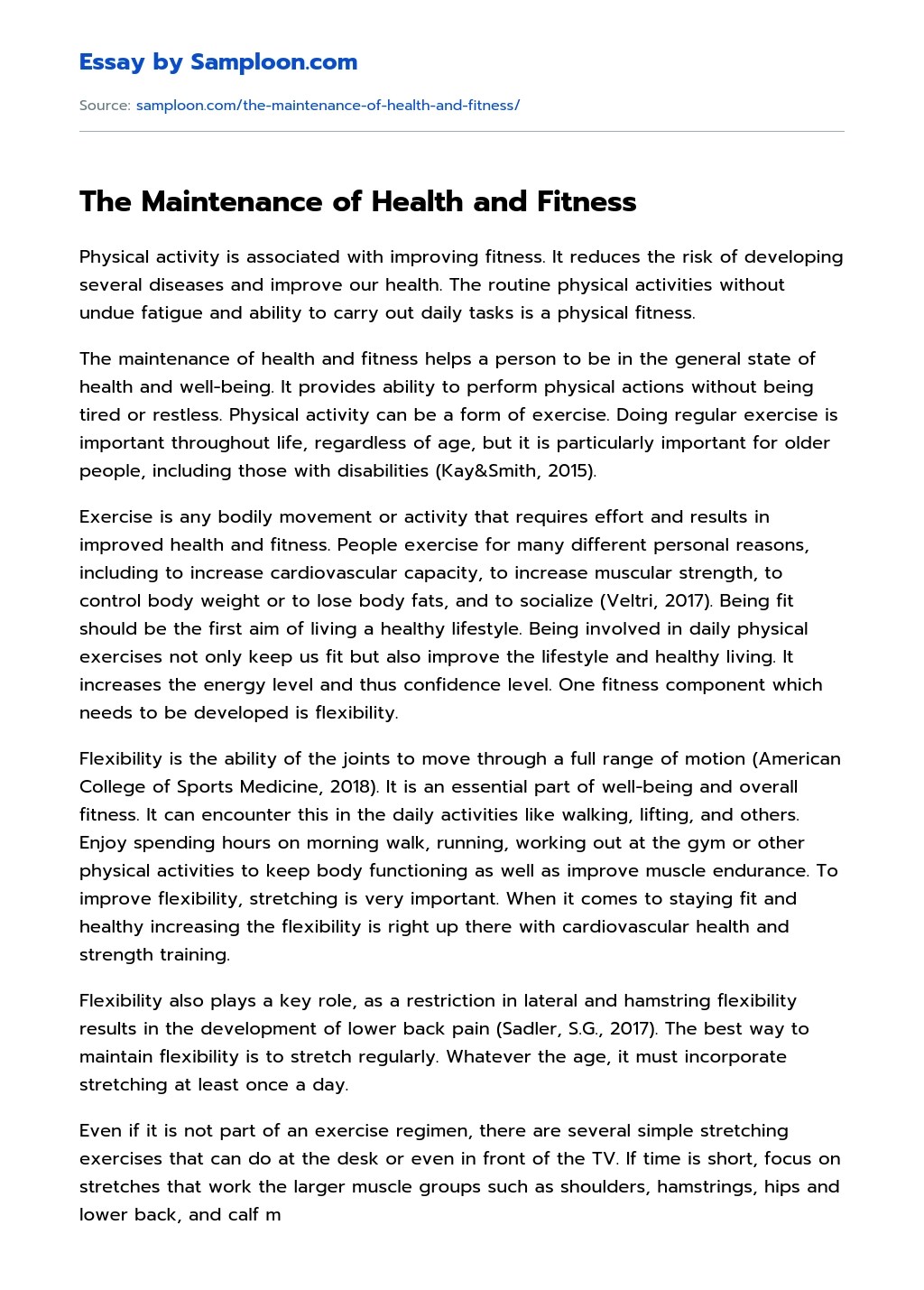 ≫ The Maintenance of Health and Fitness Free Essay Sample on