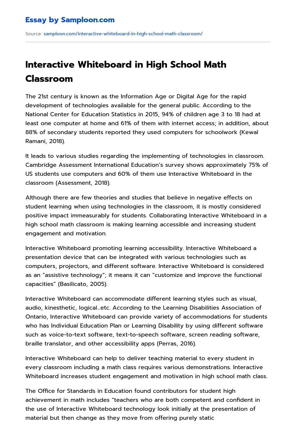 ≫ Interactive Whiteboard in High School Math Classroom Free Essay