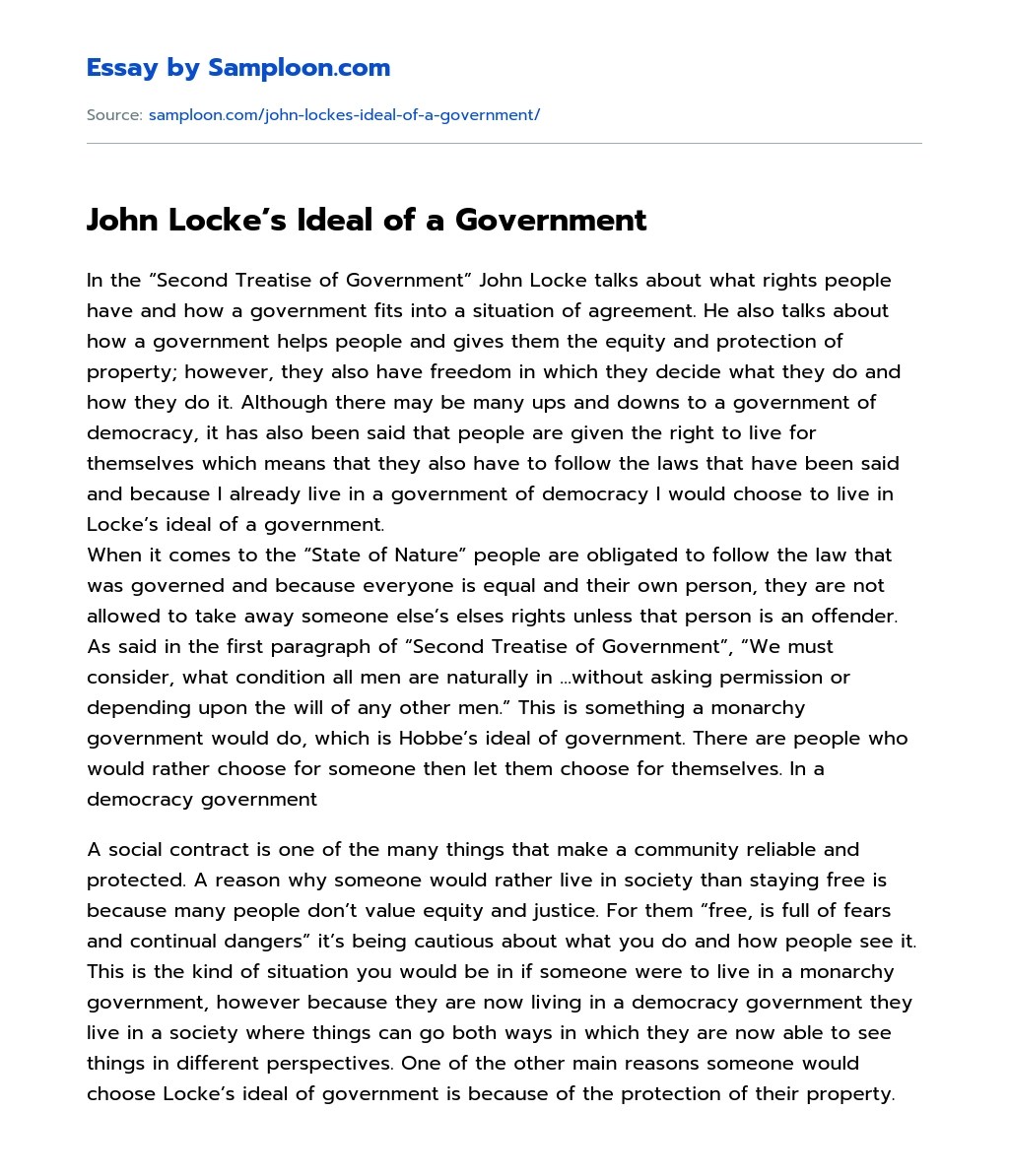 ≫ John Locke's Ideal of a Government Free Essay Sample on