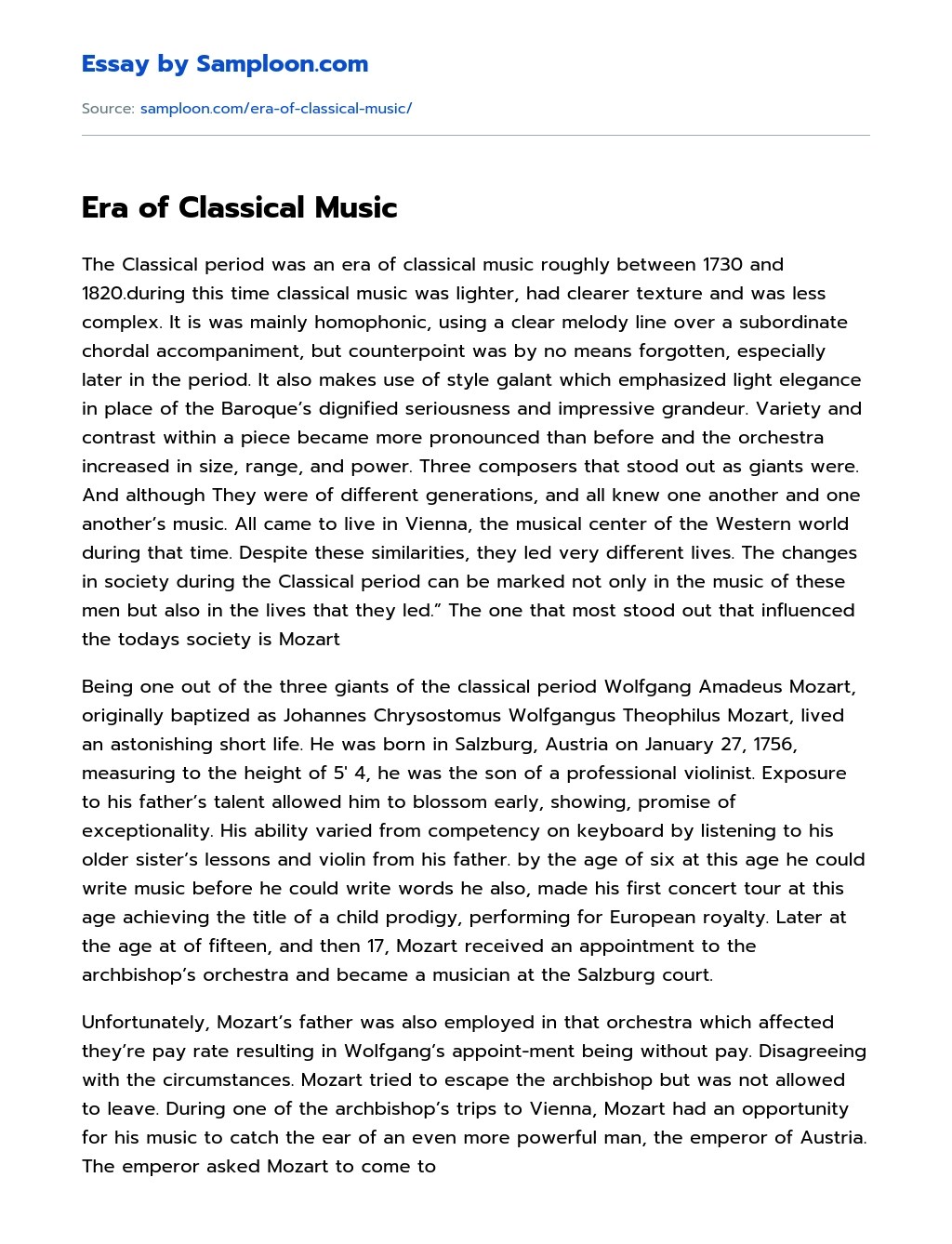 ≫ Era of Classical Music Free Essay Sample on