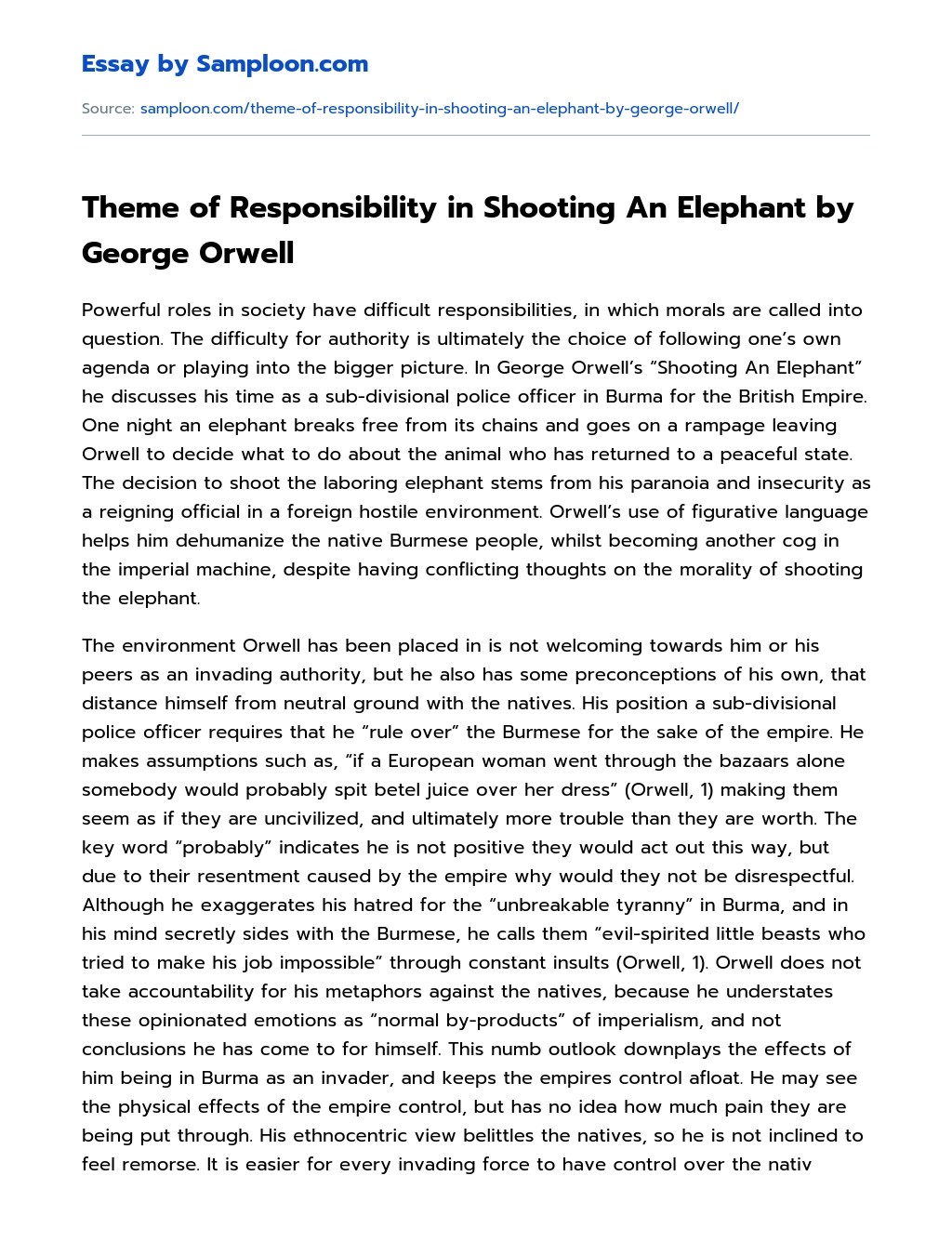 Theme of Responsibility in Shooting An Elephant by Orwell