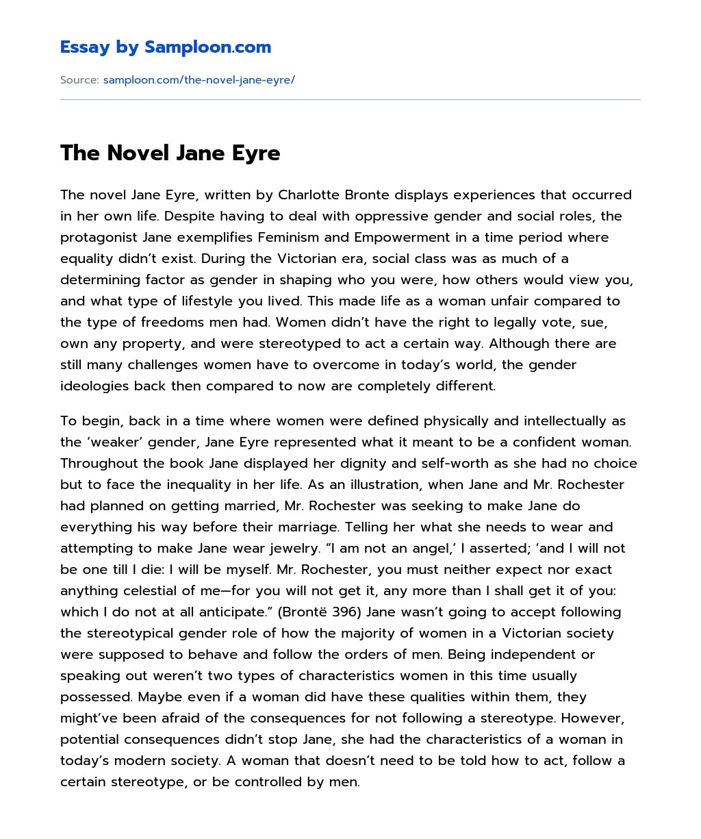 ≫ The Novel Jane Eyre Free Essay Sample on
