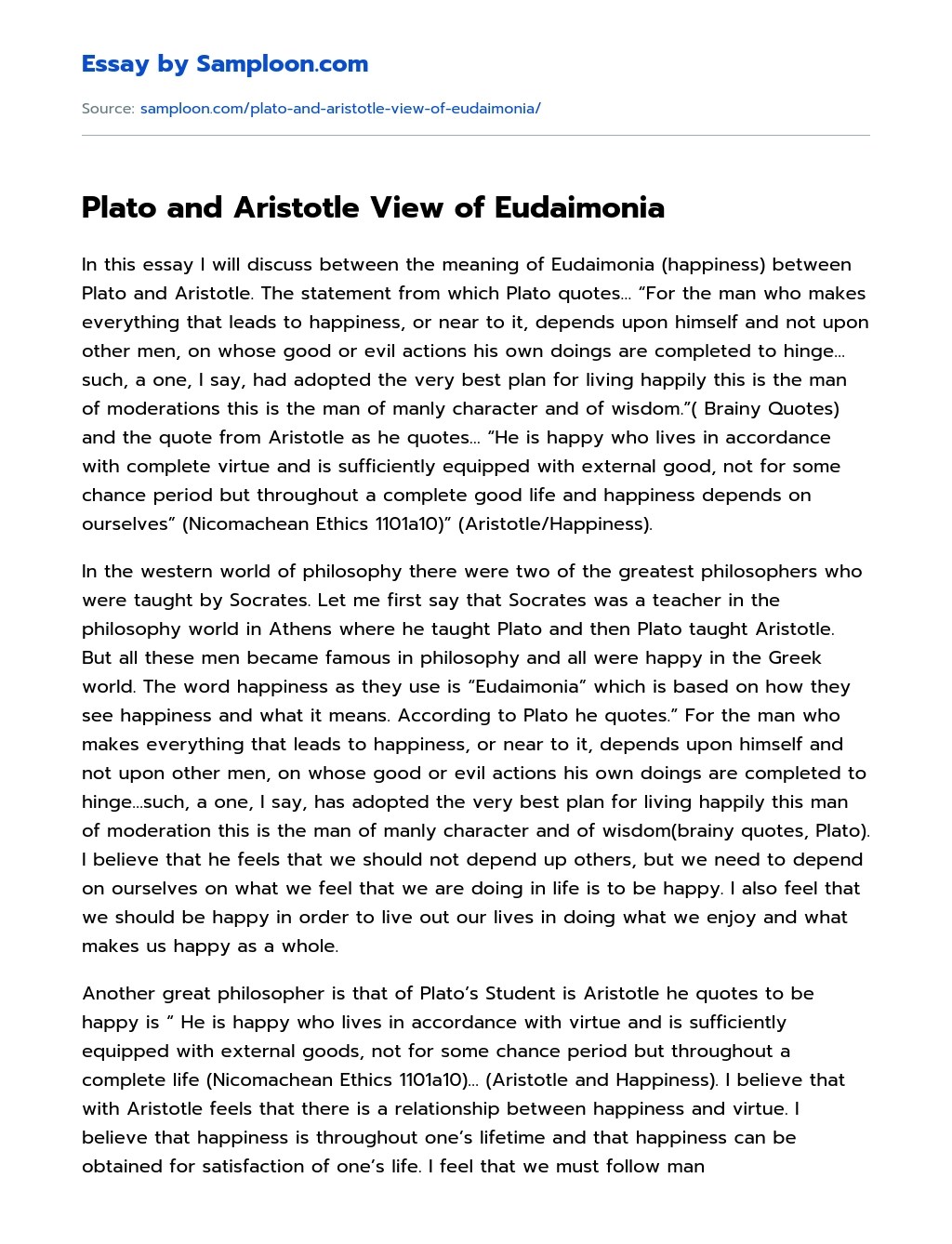 ≫ Plato and Aristotle View of Eudaimonia Free Essay Sample on