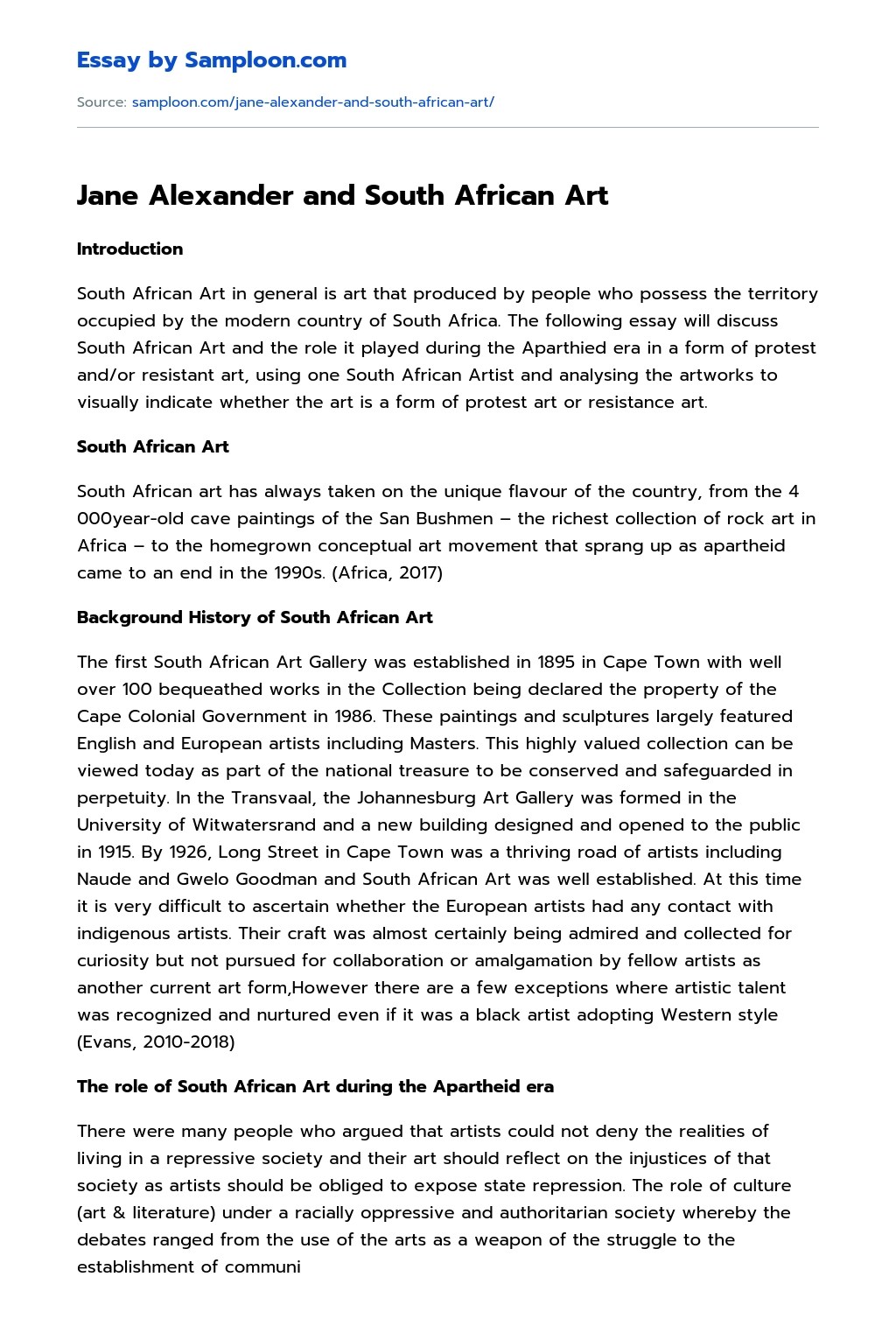 ≫ Jane Alexander and South African Art Free Essay Sample on