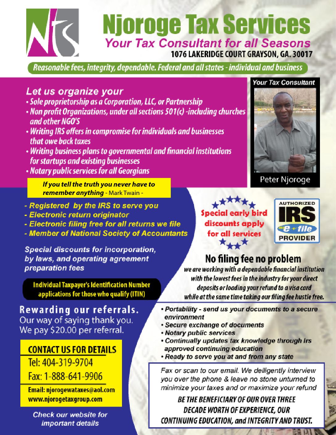 Peter Njoroge of NJOROGE TAX SERVICES New England 1934 Lakeview Avenue