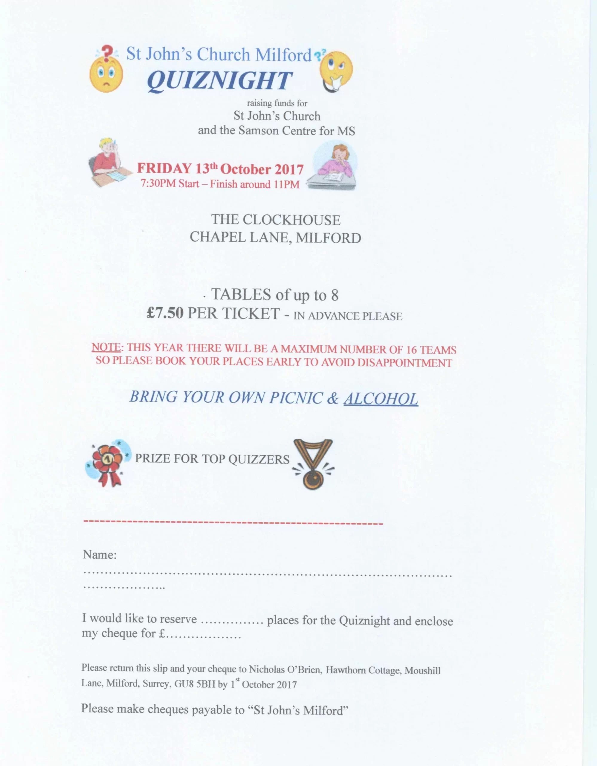 Quiz Night at the Clockhouse Milford The Samson Centre for Multiple Sclerosis