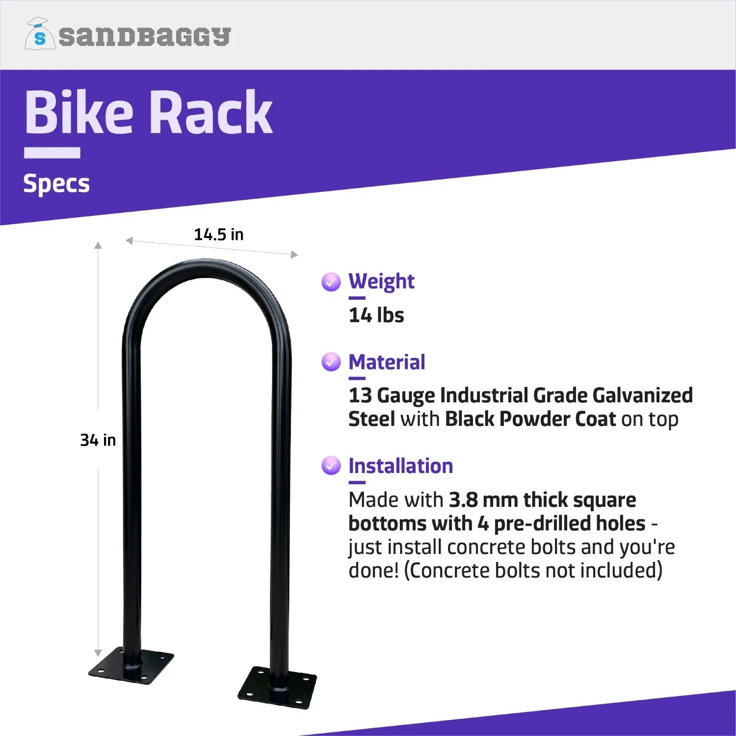 Outdoor Bike Rack U Bike Rack, In Ground, Commercial (Black) Sandbaggy