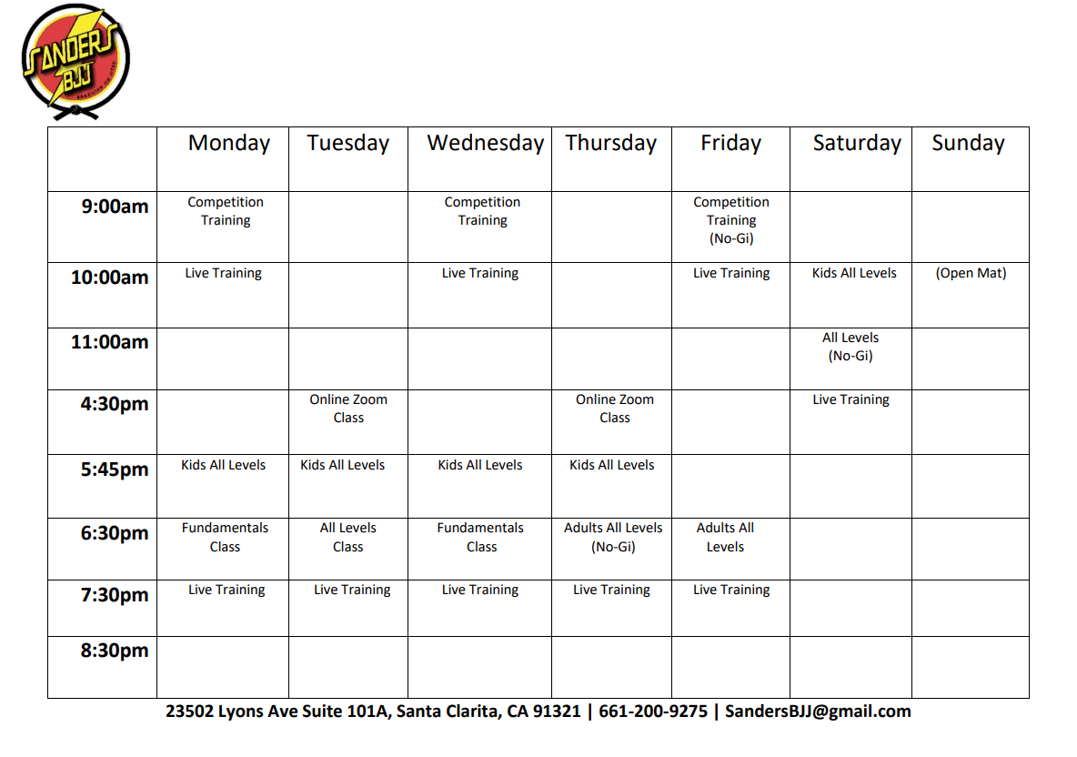 JiuJitsu Schedule Sanders Brazilian JiuJitsu