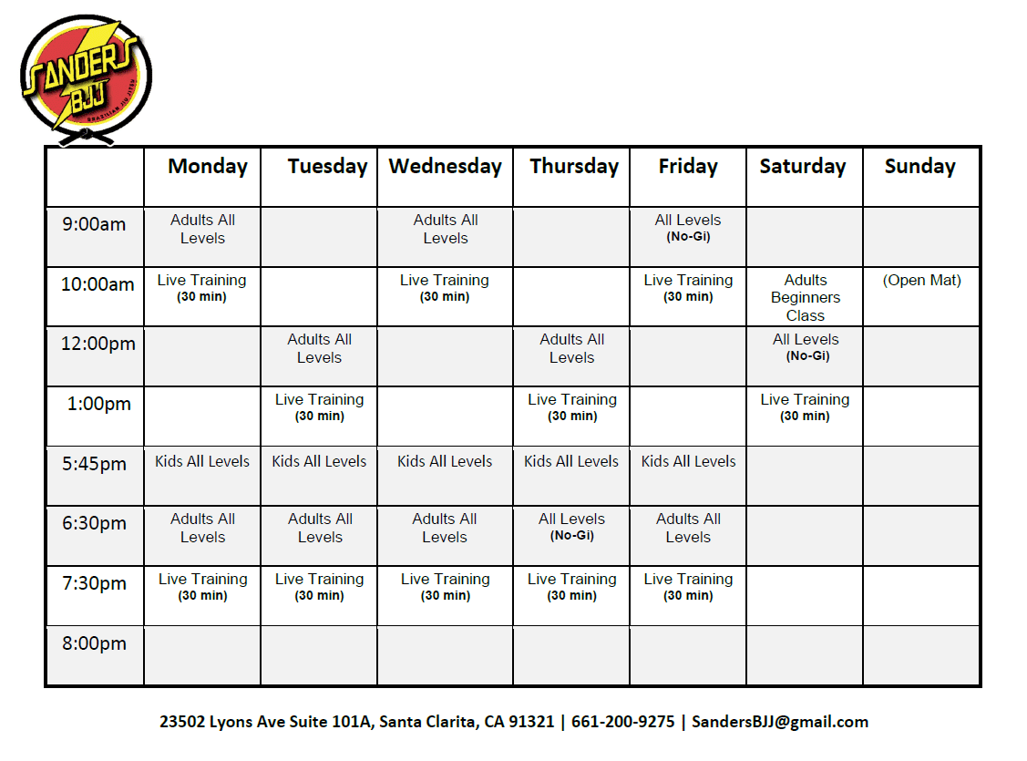 JiuJitsu Schedule Sanders Brazilian JiuJitsu