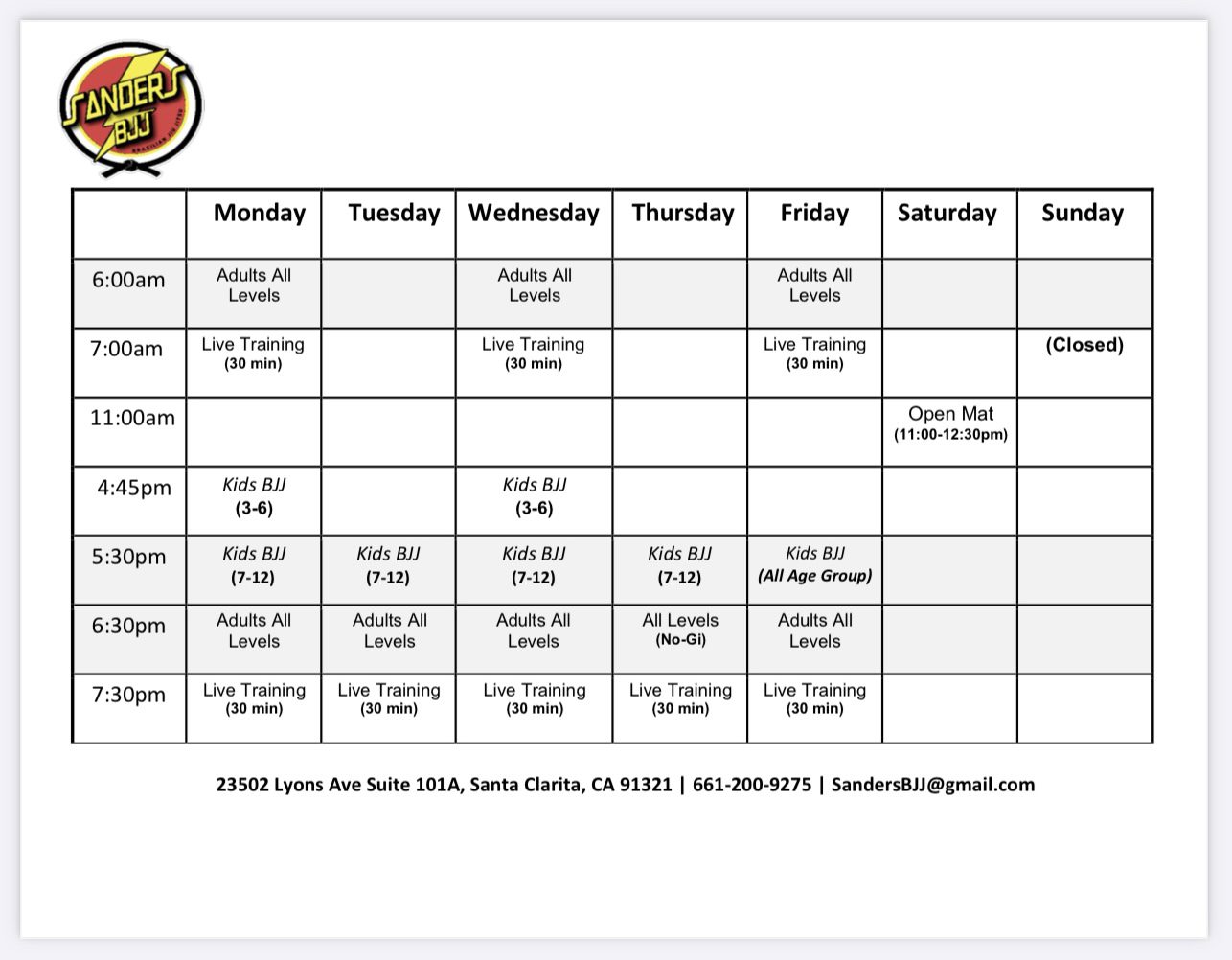JiuJitsu Schedule Sanders Brazilian JiuJitsu