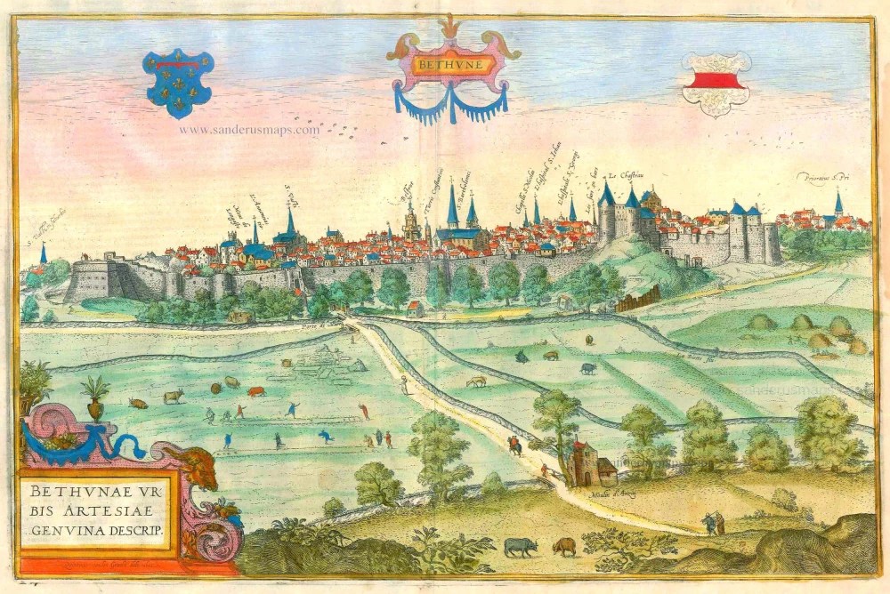 Antique map of Bethune by Braun & Hogenberg Sanderus Antique Maps Antique Map