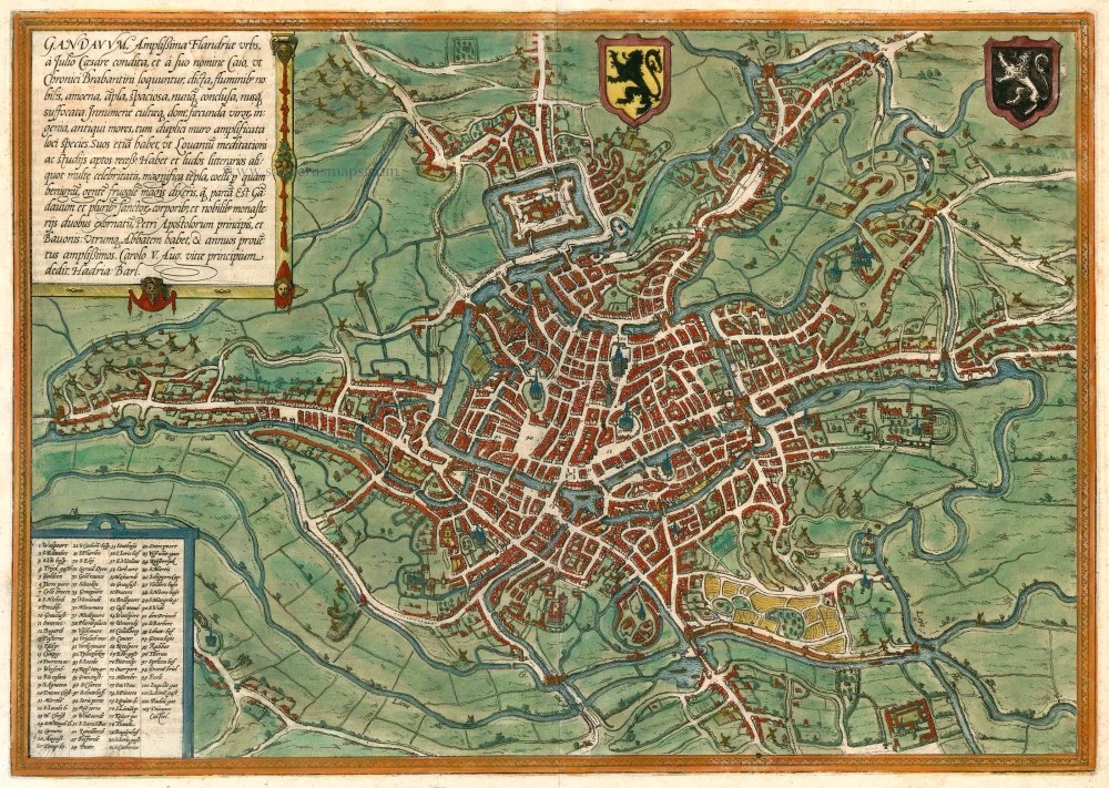 Old, antique map bird's eye view plan of Ghent (Gent) by Braun