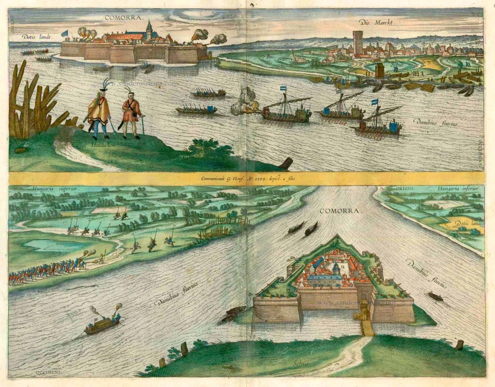 Komarno (Slovakia) by Braun & Frans Hogenberg. Sanderus Antique