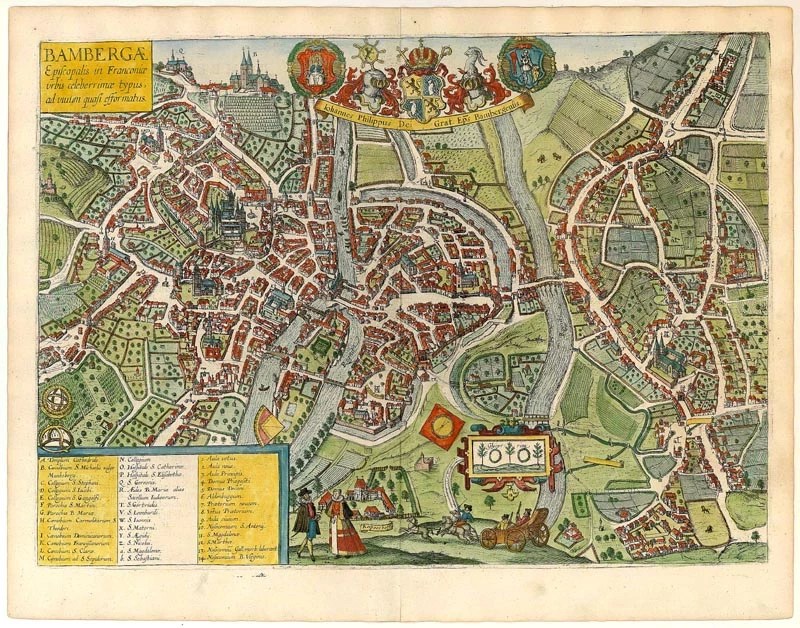 Old, antique map of Bamberg by Braun & Hogenberg Sanderus Antique