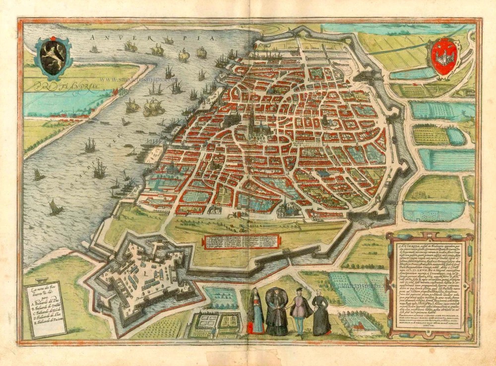 Old antique map of Antwerp (Antwerpen) by Braun & Hogenberg Sanderus
